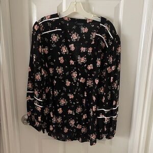 1. State Black Blouse with Pink Floral Print and White Trim